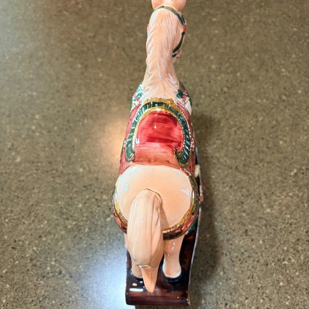 Christmas Rocking Horse Ceramic Figurine‎ Teddy Bear Gifts Gold Accents